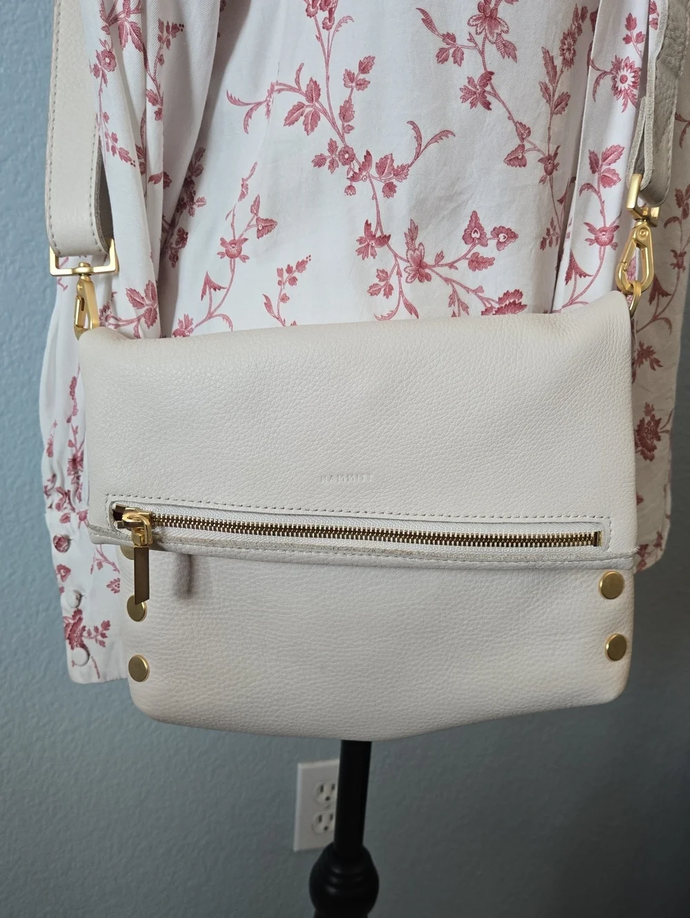 HAMMITT VIP Crossbody Clutch Medium Pebbled Leather Off White Brushed Gold